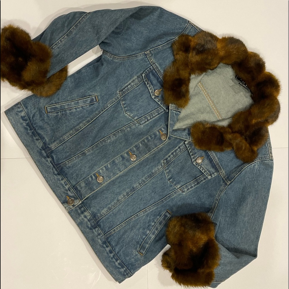 FU DA denim jacket with faux fur collar